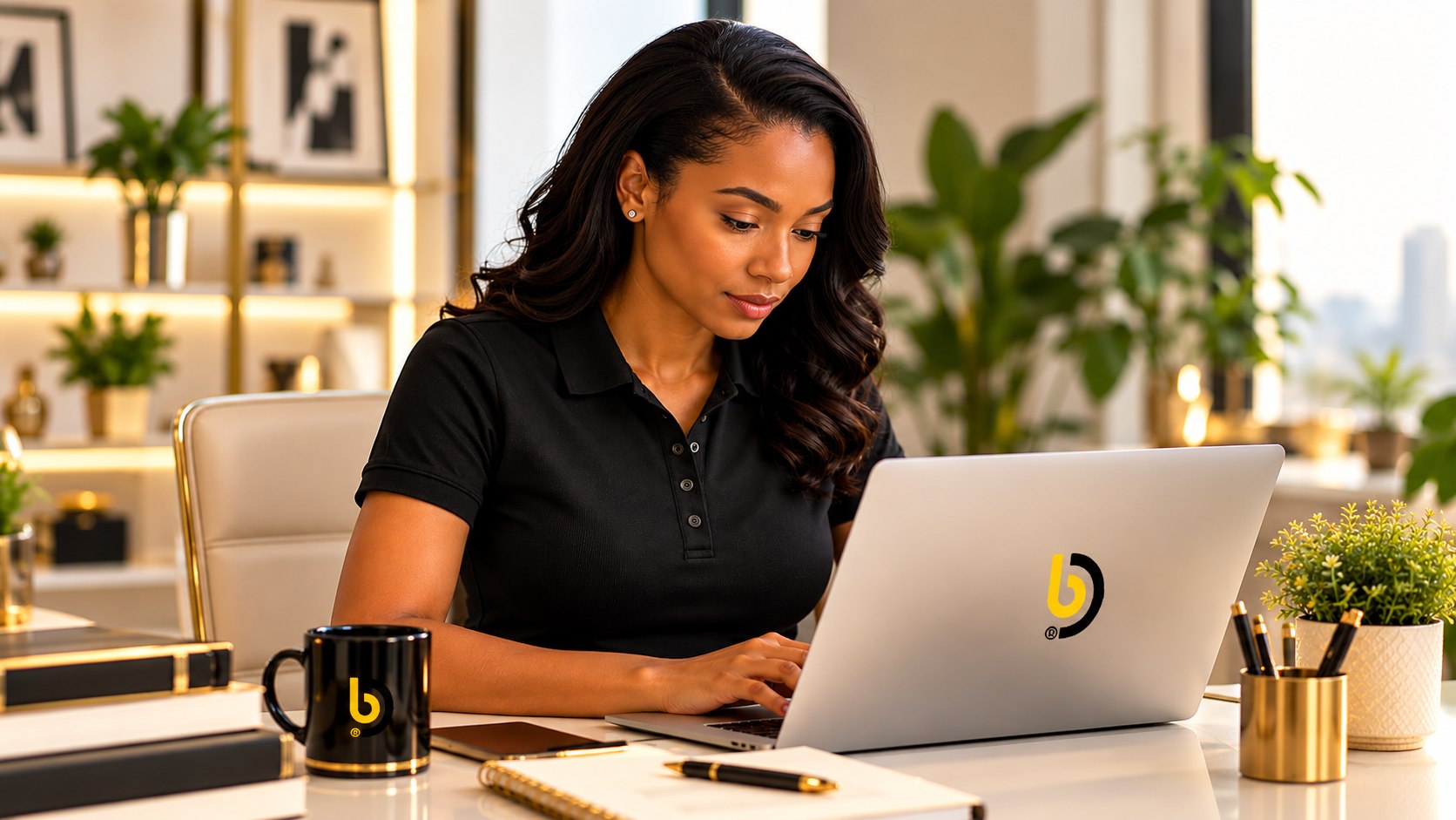 BomesDigitals strategist working at a gold-accented desk on a growth plan